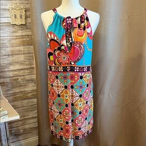 Trina Turk Multicolor Floral Retro Stretch Halter Dress, Liquid Knit-Lined, 12